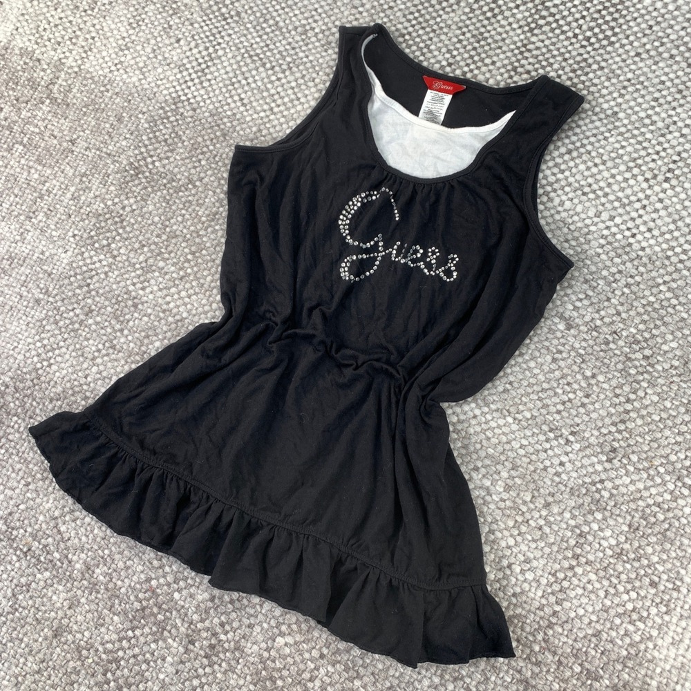 Guess Tank Top Girls L 12/14 Black Rhinestone Logo Ruffle Hem Y2K Glam Sparkle